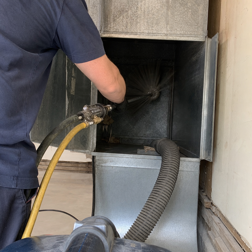 Professional air duct cleaning technician using a rotating cleaning brush tool