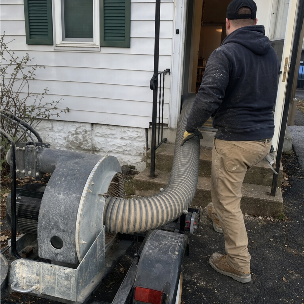 Technician using professional industrial equipment for air duct cleaning services