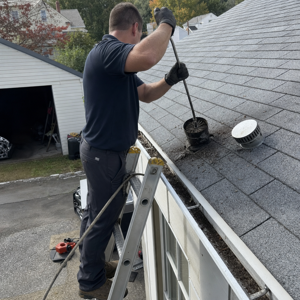 Technician performing professional dryer vent cleaning on a residential roof