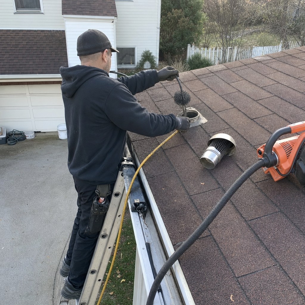 Technician performing professional dryer vent cleaning with rotary brush tool