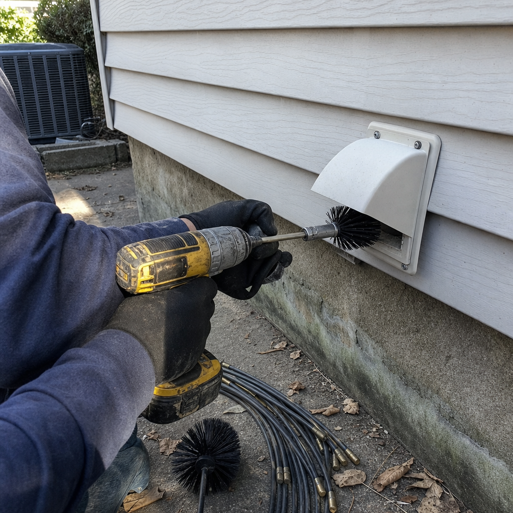 Technician using a rotary brush to perform dryer vent cleaning services