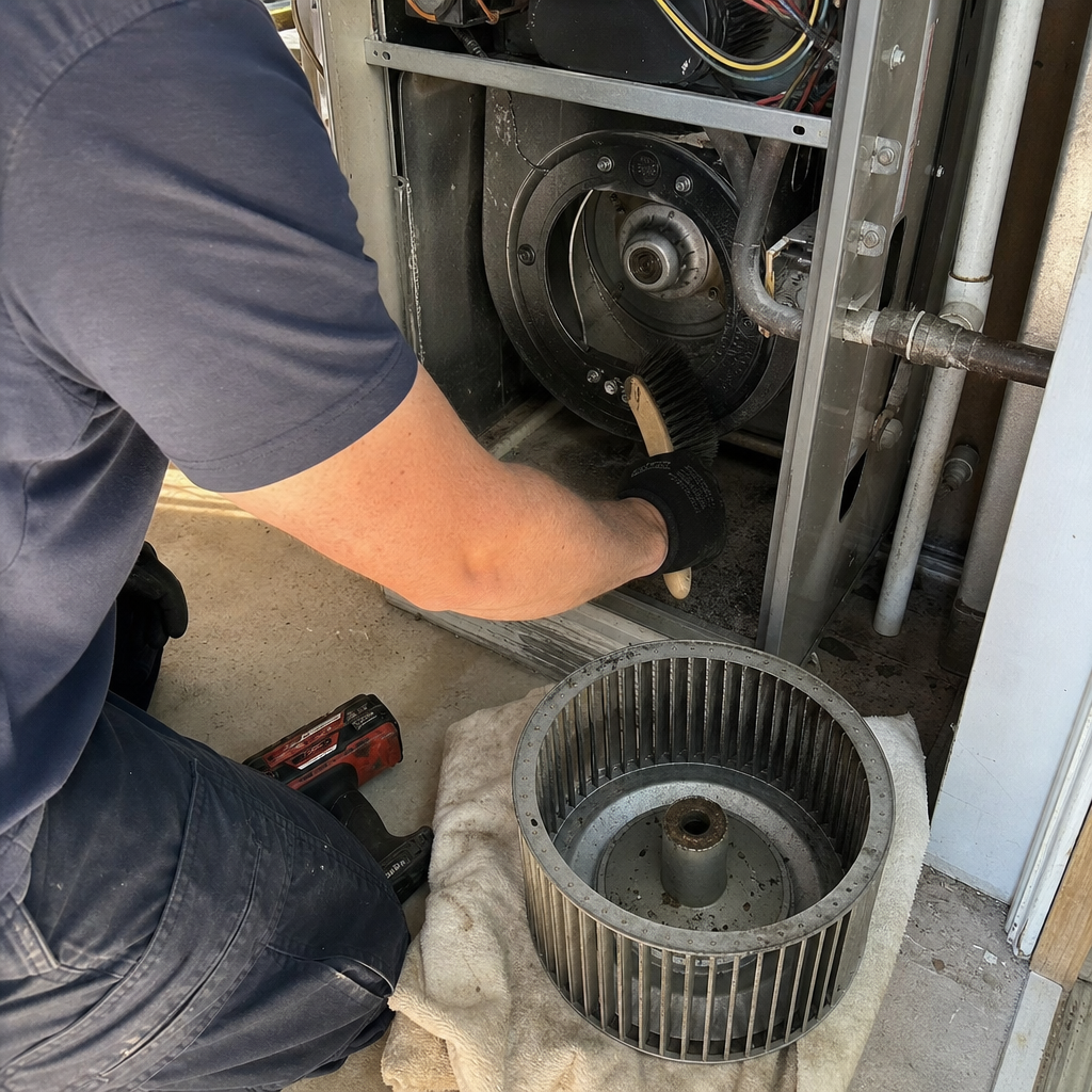 Technician performing professional furnace maintenance and HVAC blower fan cleaning