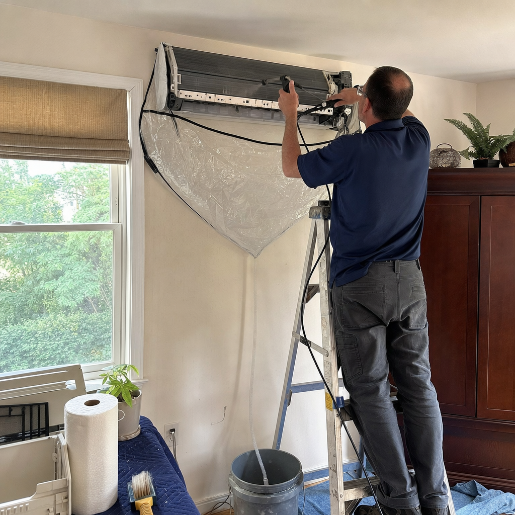 Technician performing professional mini-split air conditioner deep cleaning