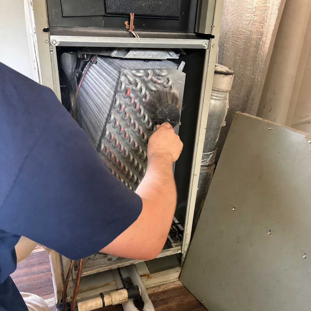 HVAC technician performing professional evaporator coil cleaning for residential maintenance